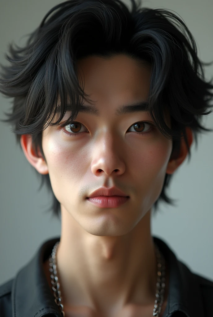 The man has a slightly oval face., with subtly marked cheekbones that give balance to her expression. Her skin is light-toned and shows some acne marks on both cheeks., which are visible but not exaggerated, giving a natural and realistic look to your skin. His eyes are a dark brown color, Medium in size and slightly almond shaped. The character&#39;s gaze is serious and introspective, framed by straight eyebrows, Medium thickness, and well defined. The eyebrows are placed in a way that enhances the intensity of her eyes., giving him a thoughtful expression. The nose is straight and a little thick but proportionate., with a soft bridge and a slightly rounded tip, harmonizing well with the rest of your facial features. The lips are thin and well defined., with a slight natural curvature that gives it a neutral expression, neither smiling nor frowning. The upper lip is slightly thinner than the lower lip.. hair is straight, of a dark black color, and long length. It falls naturally and a little messily on the forehead., lightly covering the eyebrows, and extends to just above the ears on the sides and sticks out a little at the back. The hair has a fine texture and a natural shine., with some strands falling over the forehead and this hairstyle is bookish . and make it look realistic