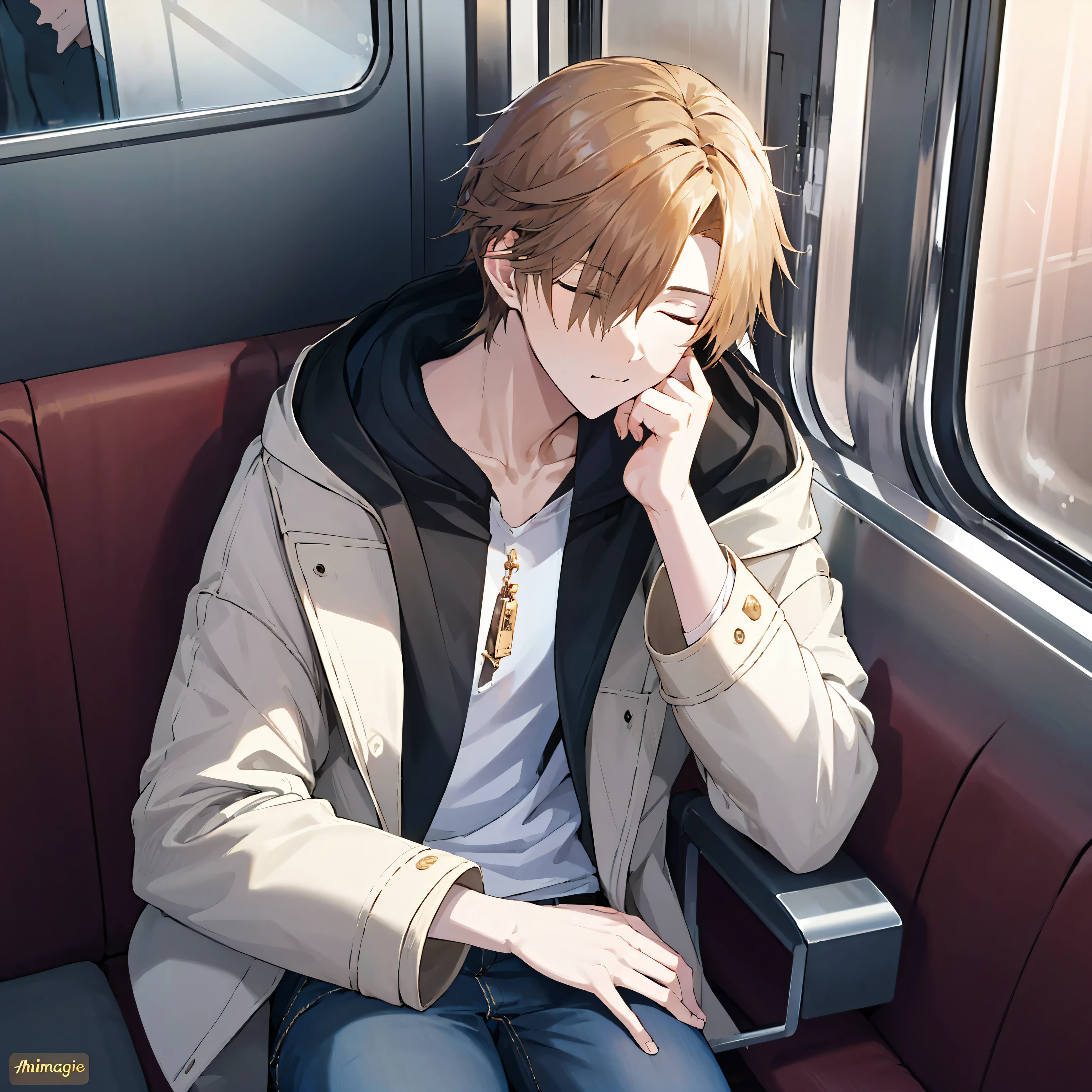 charming young man, golden brown hair,sleeping on the train,dark weather,baggy jeans,white jacket with hood,jeans to big,8k,anime