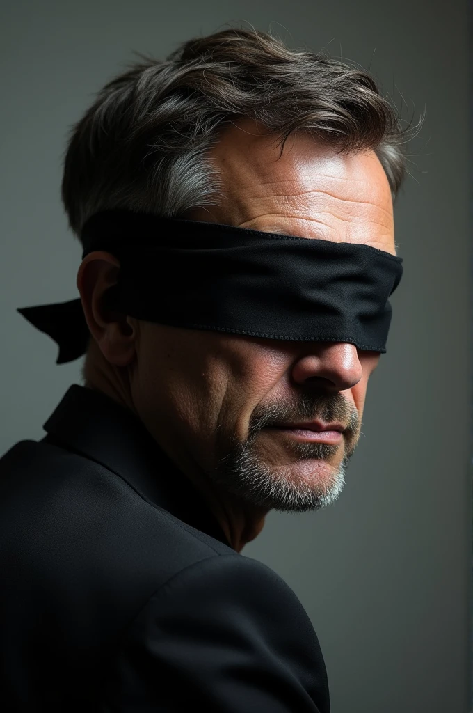 young handsome man with blindfold in a suit, light stubble, face centered in the lens, square jaw
