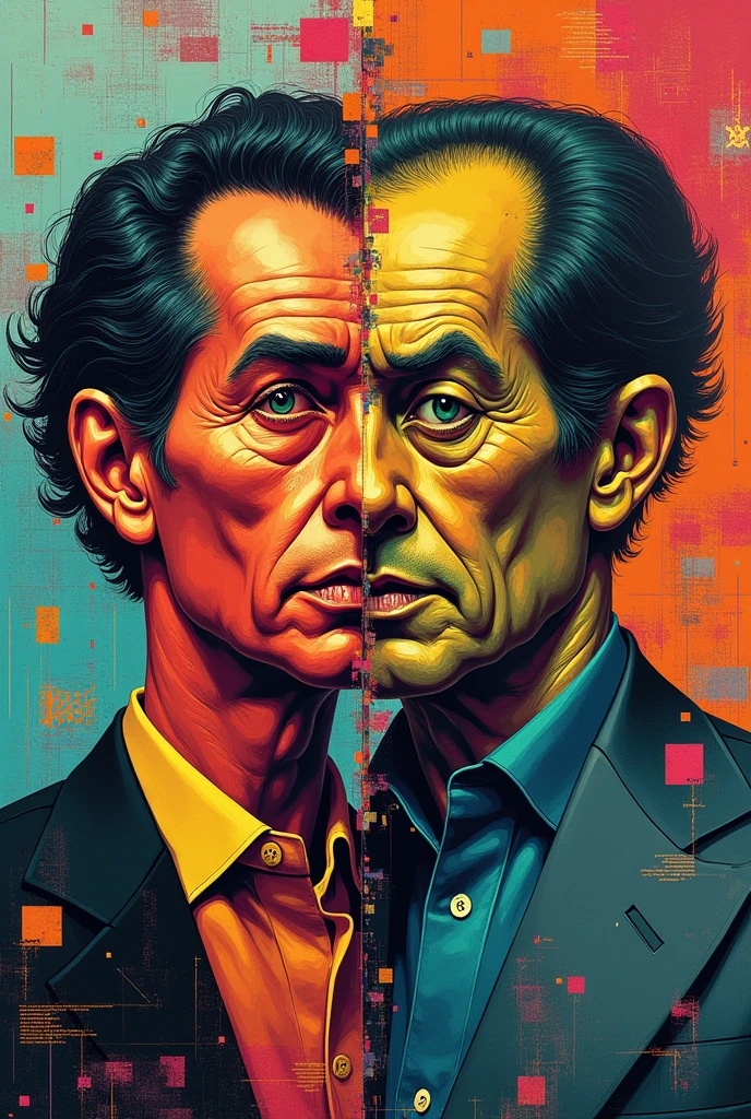 a man's confrontation with his doppelgnger, mirrored faces, shattered identity, existential dread, fractured psyche.