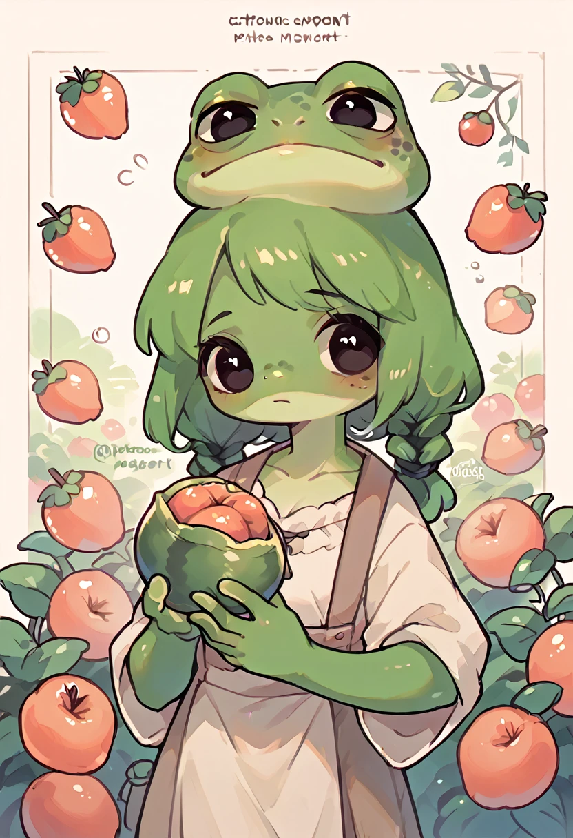 Pepe the Frog, 1 girl frog, in the fruit market, holding a single almond with her hand