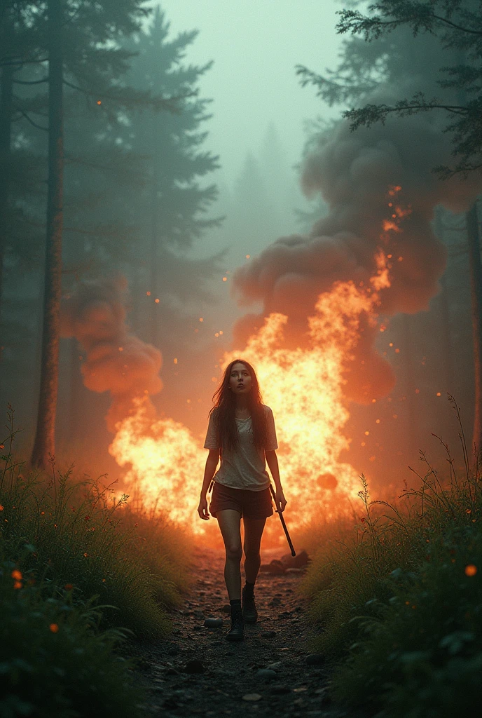 8K, High Quality, Hyper Detailed image of a dark and mysterious forest at night, a young nude woman modeled after Eden McCoy, naked, with short Blonde Hair, with a joyful expression, naked, in the middle of a dense forest, at night, casting a spell in front of a huge bonfire, in the style of Frank Frazetta and Joe Jusko