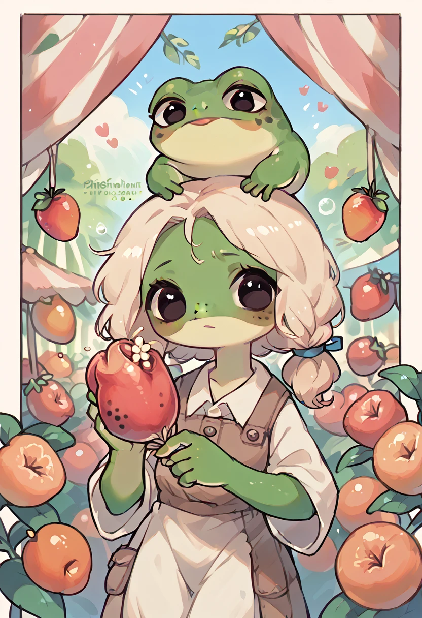 Pepe the Frog, 1 girl frog, in the fruit market, (((holding a single almond))) with her hand