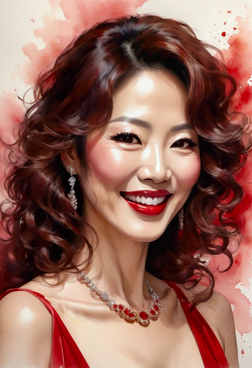 A watercolor-style portrait of a 40-year-old mature and glamorous Japanese woman, appearing beautiful and sensual. She has bright long curly brown hair, is smiling, and has striking dark eyes with elegant makeup. She wears bright red lipstick, a necklace, and showcases a glamorous body. The image captures her full face, facing forward with a direct gaze. The painting uses soft brushstrokes, transparent and overlapping colors, with a beautiful blending and bleeding effect. The boundary between the figure and the background is blurred, creating a harmonious and delicate appearance.