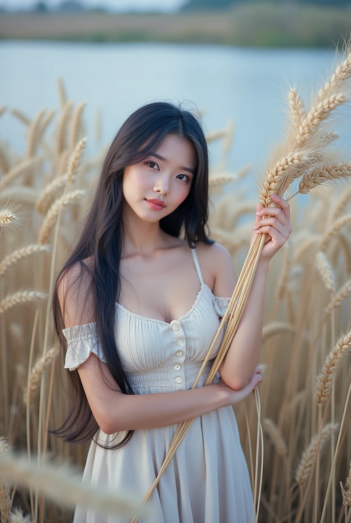 Naked in the wheat field,A smile，Raise both hands，Contre-Jour，Glittering long hair