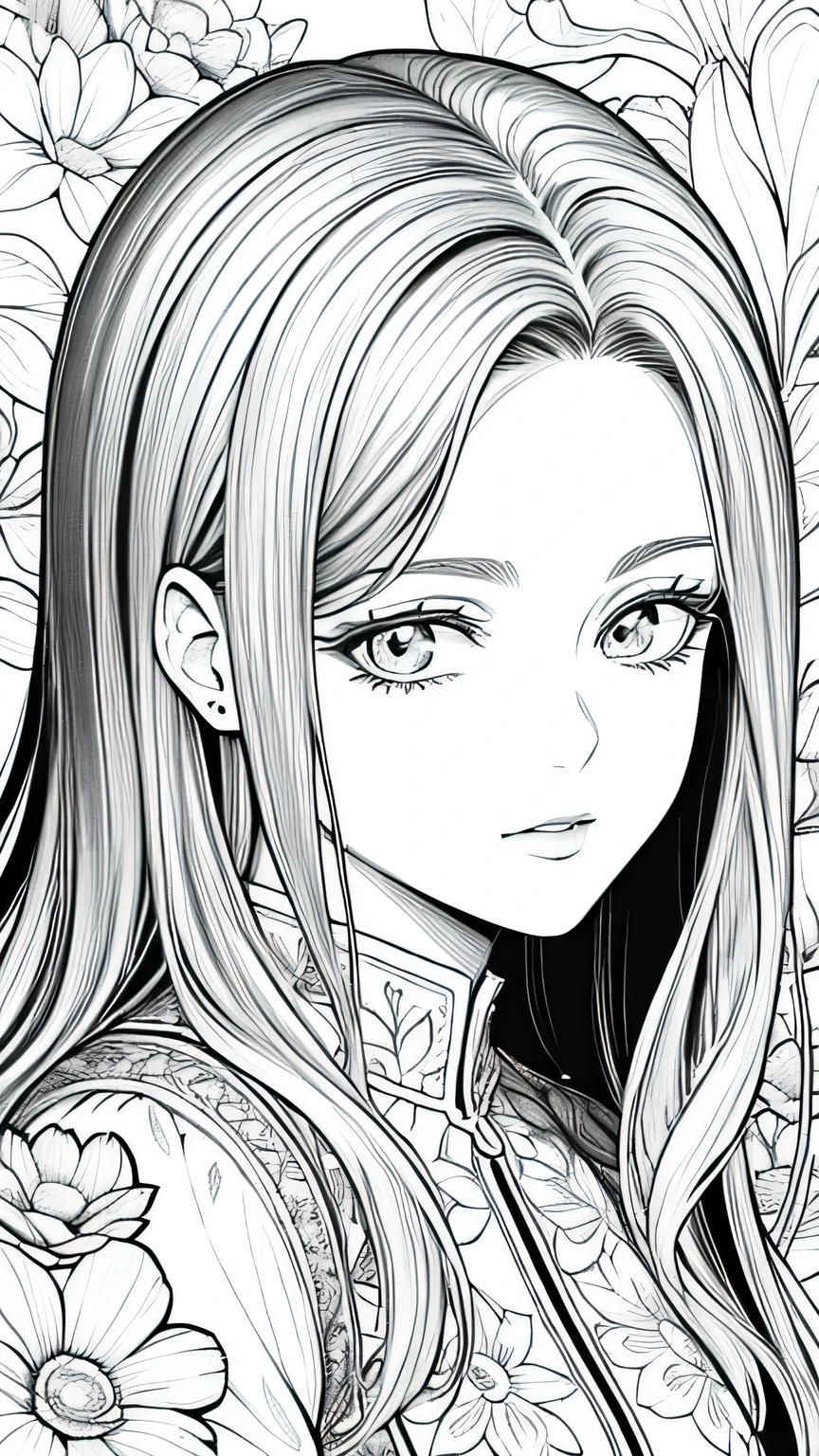 A drawing of a girl with long hair and flowers - SeaArt AI
