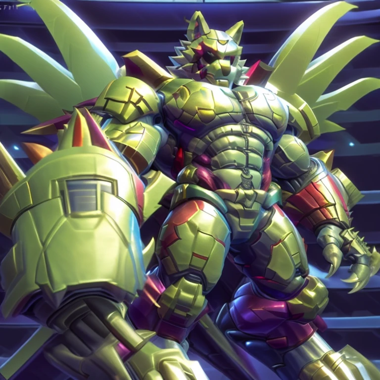 (freddy wolf, 8K), (freddy wolf's giant robot, Powered exoskeleton with the same design as freddy wolf), (Masterpiece, highres) (Detailed head, Detailed Body, Detailed abs, full body) (gigantic muscles, Gigachad Muscular, big muscle, pecs, triceps, traps, unusually developed muscular body, body full of huge muscles. showing off muscles, pectorales enormes, Exaggeratedly huge muscles.) (nj5furry, The claws are sharp, Sharp teeth, sharp claws), (long legs), (Spread wings, It has wings, have big wings, golden wings), (Wrestling, wrestler, the bodybuilding), (It has wings, whole body shines like metal, Wearing cyberpunk mecha, emphasizes the muscles, suit fully made of metal, intricate armor, Robotic suit, suit fully made of metal, cyborg), menacing pose, The whole body is golden. no face. BULK UP. The whole body is golden. wearing a full-face helmet. no blue. no red.