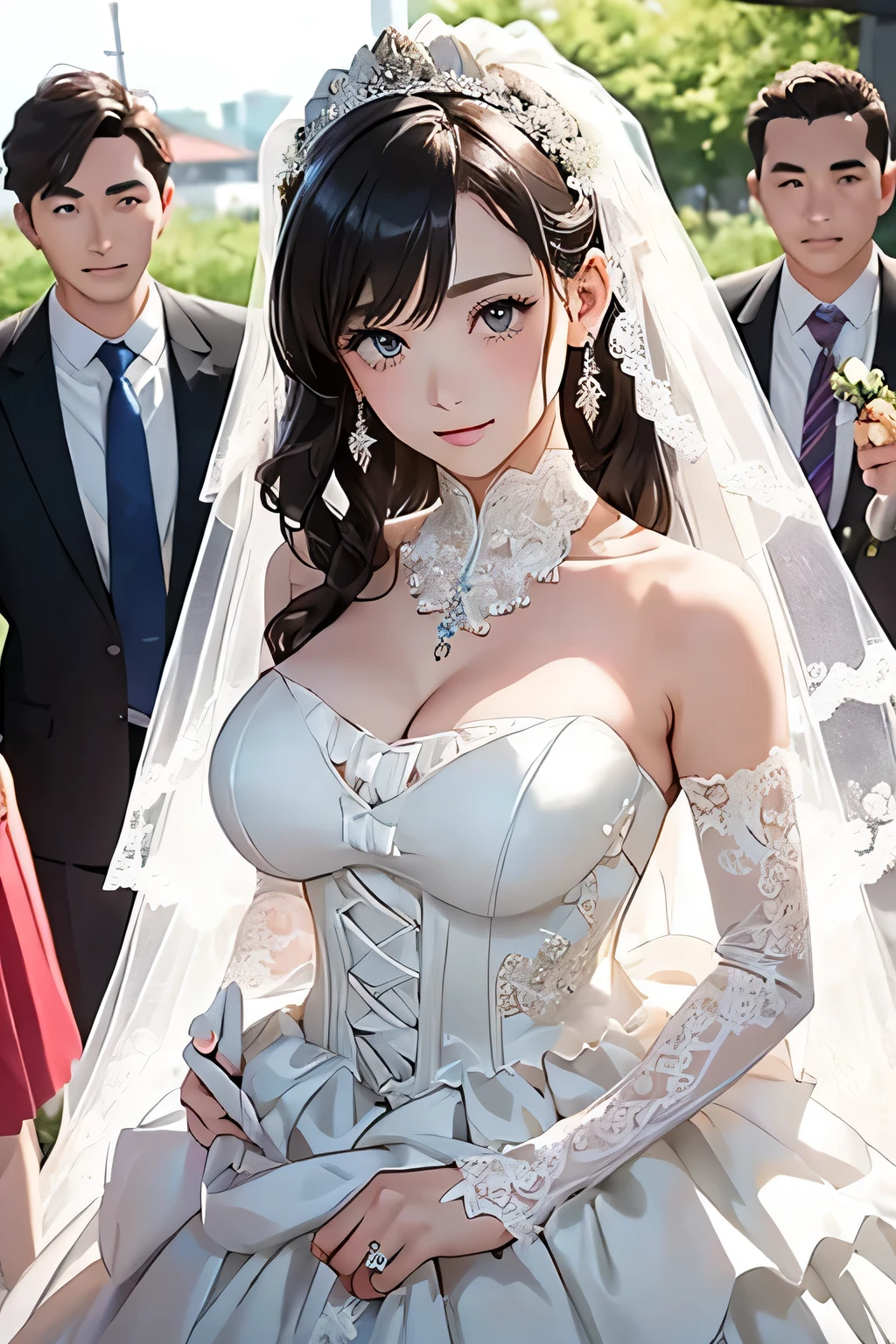 Miss((20 years old)), hair((Black)), Eye((smart Eye, Black)), clothing((White lace, 白色Wedding dress, Wedding dress)), hair bun, Headdress, veil, bouquet, huge , Large Breasts, Smile, Korean makeup, Heavy makeup, white church, Church Wedding,