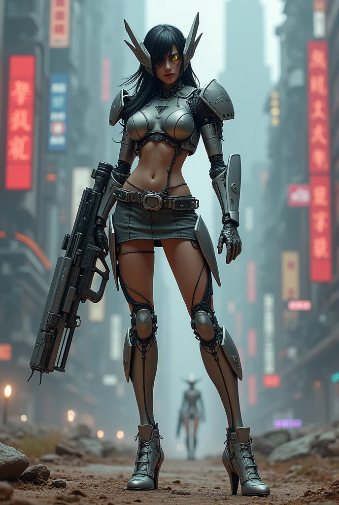 ((highest quality)), ((masterpiece)), (be familiar with:1.4), 3D,cyborg, Makima style girl、 Beautiful cyberpunk woman image, beautiful girl, 24-years-old, cute、（Makima-style short hair）, sexy, strong, slim beauty, bikini, High leg、protector,black&Silver Metallic,（ultra color, paisley pattern）、HDR (high dynamic range),ray tracing,NVIDIA RTX,super resolution,unreal 5,Scattered beneath the surface,PBR texturing,Post-processing,anisotropic filtering,Depth of the bounds written,Maximum clarity and sharpness,multilayer texture,,  I can see the buildings of the future、sexy戦いのポーズ、A soft smile、bangs, ammunition belt, gloves,（beautiful middle breasts）、,firing,（stand on the ruins，Action of a woman holding a heavy sniper rifle in her hands）