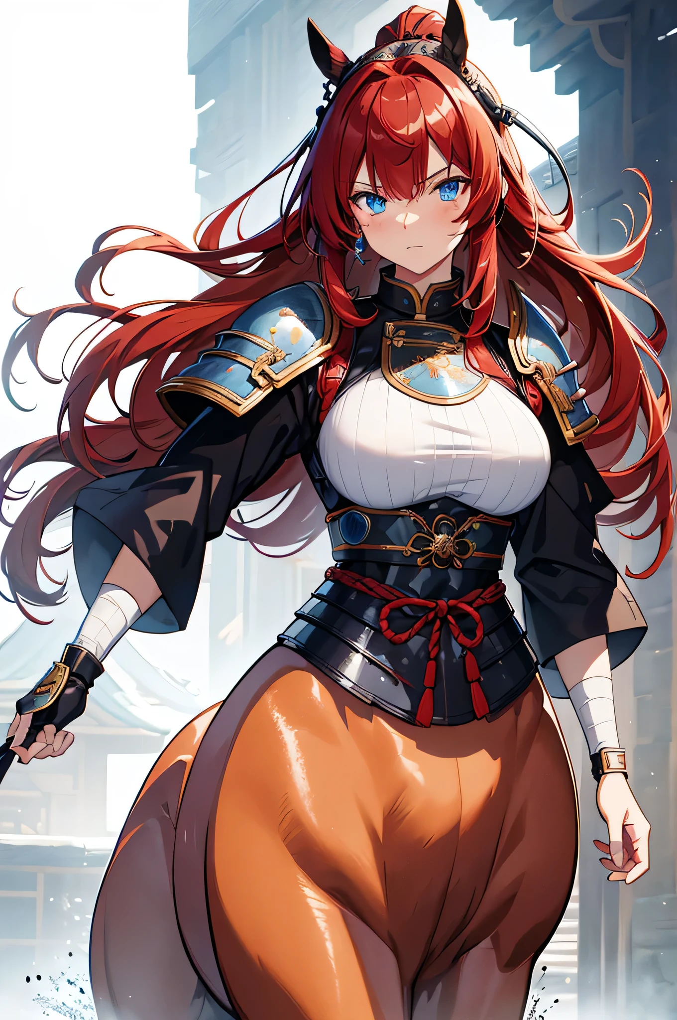 4K,High resolution,One Woman,centaur,Red Hair,Long Ponytail,Blue Eyes,Brown fur,Ancient Chinese Generals,Ancient Chinese White Armor,Heavy Armor,Full Armor,hair band,Long sword
