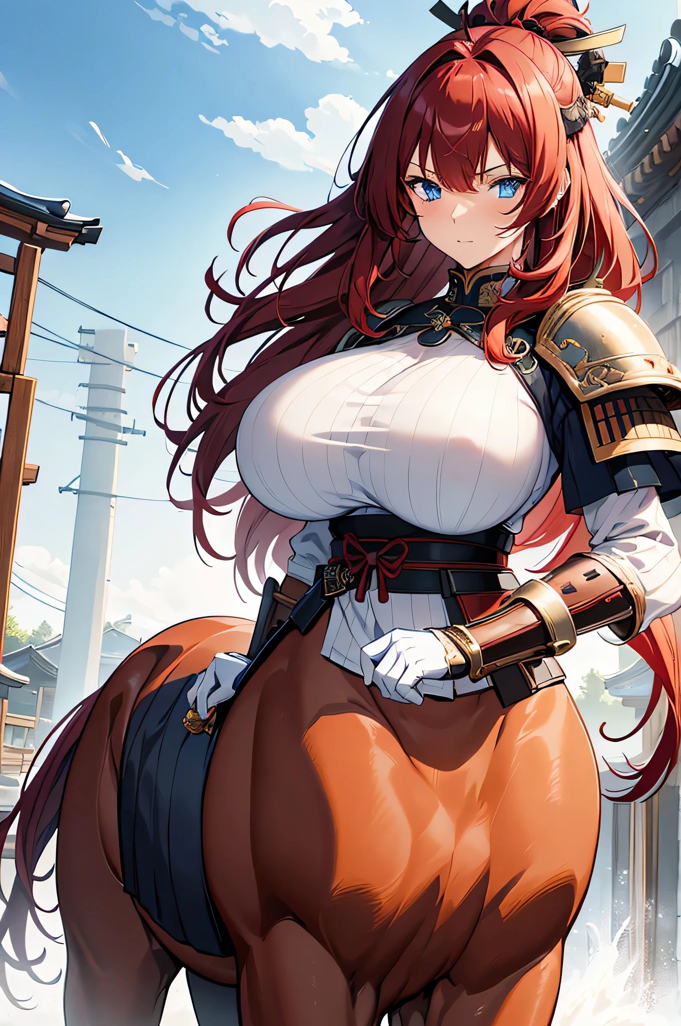 4K,High resolution,One Woman,centaur,Red Hair,Long Hair,Blue Eyes,Brown fur,Huge boobs,samurai,White Armor,Full Armor,White gloves,Hairbands,Jewelry decoration,Japanese sword,Medieval village