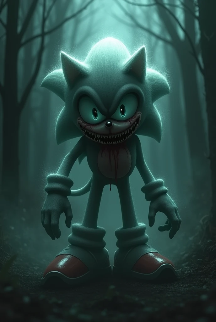 Generate an image of Sonic.exe with pale fur and messy spikes, completely black eyes with 2 bright white and red lights a black X as pupils, a pair of whiskers on the cheeks, crying a red liquid, yellow teeth showing their gums, black shoes shaped like raisins with a white line and an X carved into the stomach