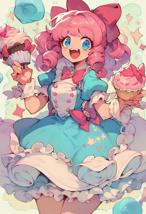 1girl, poofy pink hair, holding cupcake, short puffy dress, a lot of frills, happy face, blue eyes, pink hair bow, puffy sleeves...