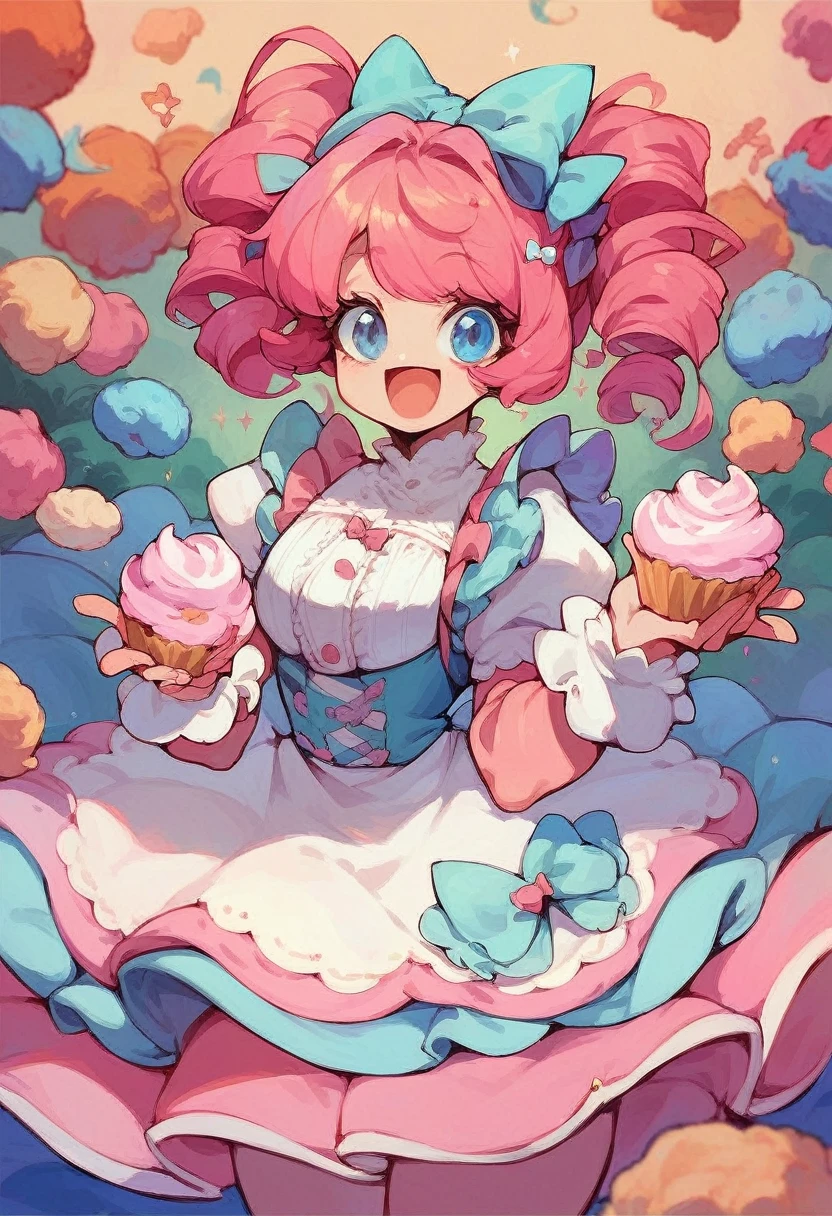 1girl, poofy pink hair, holding cupcake, short puffy dress, a lot of frills, happy face, blue eyes, pink hair bow, puffy sleeves, 