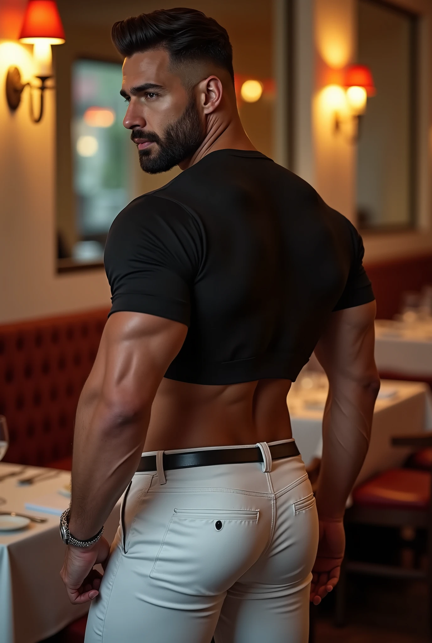 (BDBUNNY, bow tie, wristbands), Bulto, (de pie, tiro de vaquero, muscular male, barba, piel blanca, pale skin, oscuridad), (solo male, bara, maduro, cabello corto, rastrojo), elegante, solo male, enfoque masculino, cinematic lighting, realista, full body, jeans backside 