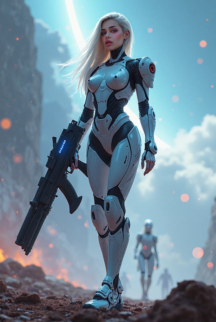 the word nebula with a Droid font of a woman with large breasts,  shooting a gun , futuristic ruins in the background, super detailed and sharp image, high contrast lighting, photorealism