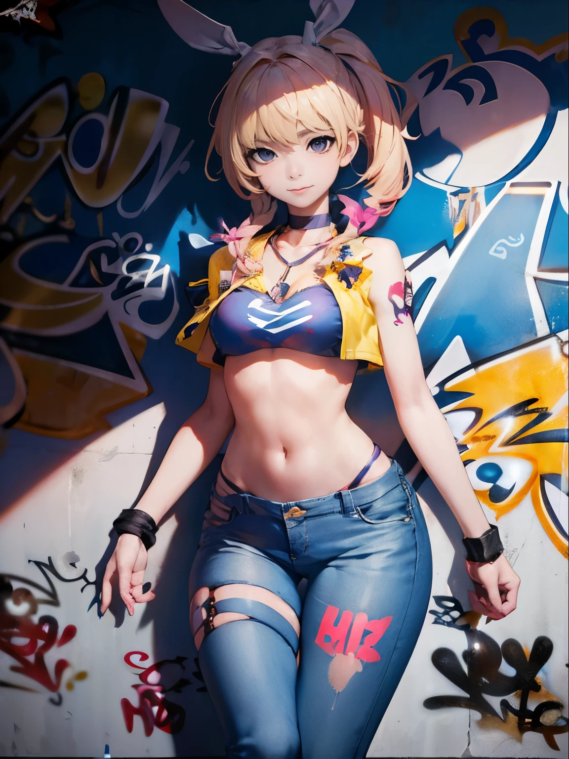 Cute kitty girl with big cat ears, blue eyes, yellow hair, green mini jacket, black bra,mini panties, medium breast, smile, beautiful face, skinny body, best quality, masterpiece, 8k, realistic, ultra details,
