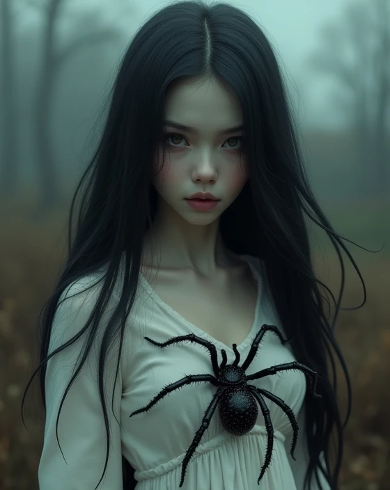 a beautiful detailed girl with long black hair, porcelain skin, detailed eyes, nose and lips, wearing a white dress, delicate hands, a terrifying spider creature emerging from her lower body, dark horror fantasy landscape background, (best quality,4k,8k,highres,masterpiece:1.2),ultra-detailed,(realistic,photorealistic,photo-realistic:1.37),HDR,UHD,studio lighting,ultra-fine painting,sharp focus,physically-based rendering,extreme detail description,professional,vivid colors,horror,dark fantasy,chiaroscuro lighting