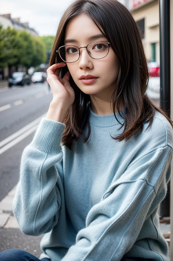 Photo of a beautiful woman standing on a street corner, (masterpiece:1.2, highest quality), (Realistic, photoRealistic:1.4), Beautiful illustrations, (Natural Side Lighting, Cinema Lighting), Written boundary depth, Beautiful thighs staring at the viewer, (((Face Focus, Upper Body))), 1 female, 30-year-old, alone, thin, slender, small breasts!!!, Loose curly hair, Bedhead, Forehead, thin, slender, (((glasses))), sweater, denim pants, Are standing, New York 25th Street, portrait