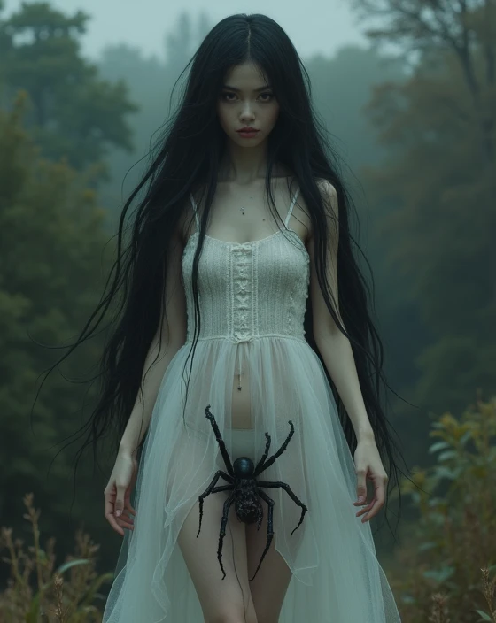 a beautiful detailed girl with long black hair, porcelain skin, detailed eyes, nose and lips, wearing a white dress, delicate hands, a terrifying spider creature emerging from her lower body, dark horror fantasy landscape background, (best quality,4k,8k,highres,masterpiece:1.2),ultra-detailed,(realistic,photorealistic,photo-realistic:1.37),HDR,UHD,studio lighting,ultra-fine painting,sharp focus,physically-based rendering,extreme detail description,professional,vivid colors,horror,dark fantasy,chiaroscuro lighting