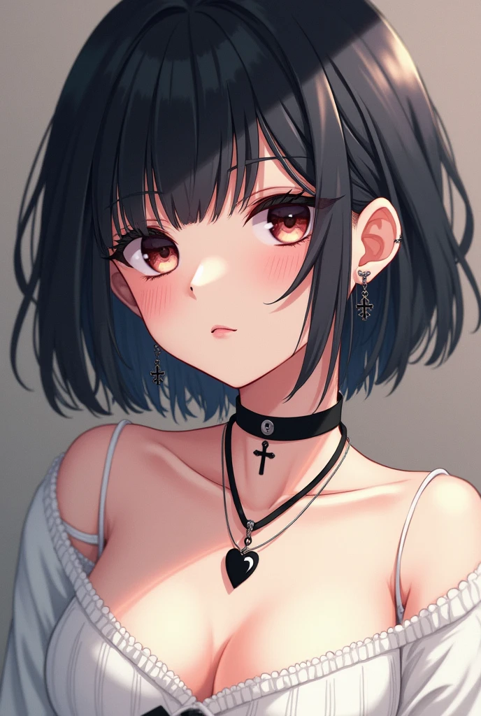 Top quality masterpiece illustrations、Black hair and black eyes、Wearing multiple necklaces、Girl in white dress looking up、Beautiful face with hair on the side short hair at the angle of the lower body is fair.。
