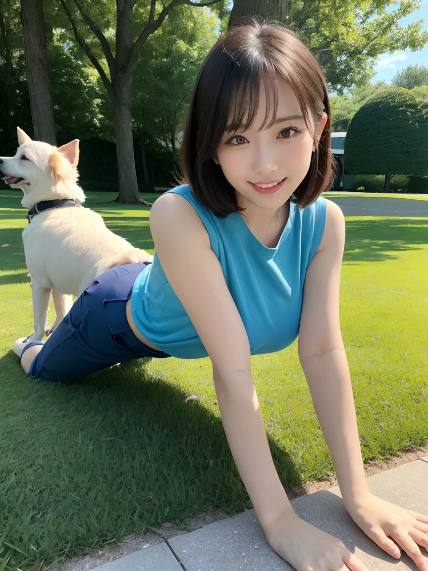 Tabletop, Highest quality, Realistic, In detail, High resolution, 8k wallpaper, Perfect dynamic composition, Beautiful attention to detail, (Biologically Correct Limbs, refer, nail), short hair, Shiny Hair, Big ample breasts ,On all fours、Lying on all fours on the ground、(retro color, Cute Sleeveless T-Shirts, Cute Chino Pants)、Cute Pumps, (Breast bulge:1.3)、Laughter、（Park scenery、Grass), sunny,, 2, only, (Droopy eyes)、Adult Beauty、Japanese women、(dogと散歩, dog, Chihuahua, 小型dog), dogを見て, Side view、dogが女性にのしかかる