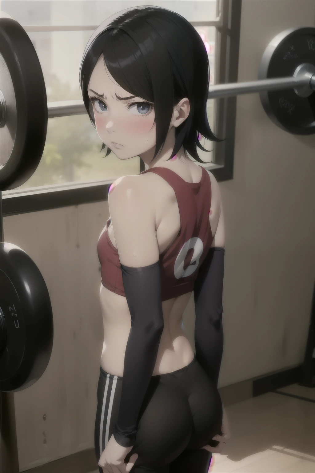 Anime style, 1 girl  ,  girl , childbody ,solo , short black hair ,angry  face , sharingan eyes  ,blush  , sweat , flat chest , red tube top , black leggings tight,  gym , sexy . Bumbum inpinado,  back 