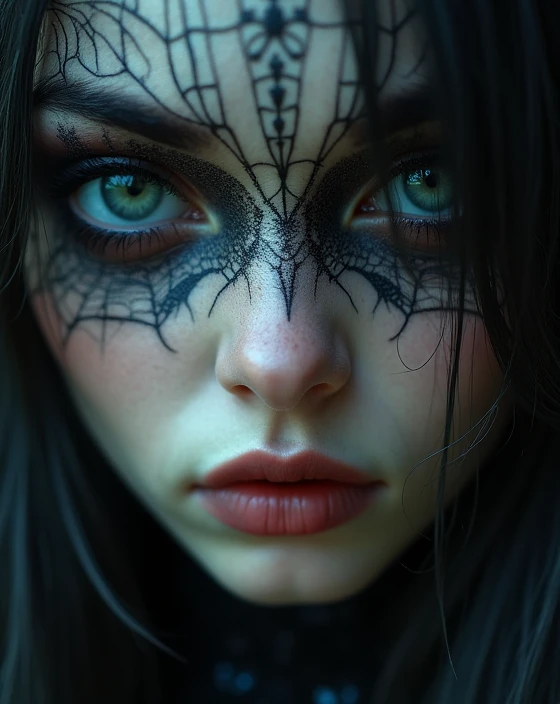 A half human, half spider girl, beautiful detailed eyes, beautifully detailed lips, extremely detailed face and eyes, long eyelashes, 8k, best quality, highly detailed, cinematic lighting, mystical, dark fantasy, moody, dramatic, gothic, chiaroscuro lighting, dramatic shadows, muted color palette