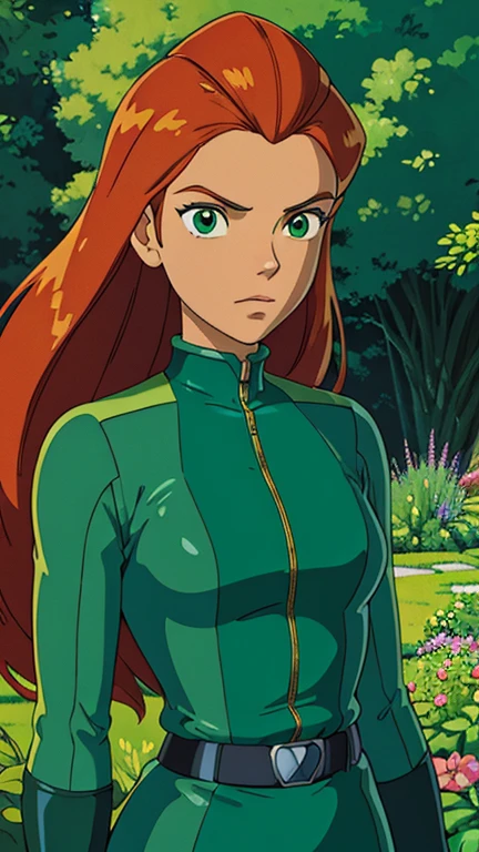 (1girl, sam \(totally spies\)), (extremely detailed CG unit 8k wallpaper),(master part), (best quality), (ultra detail), (best illustration),(ghibli style), cowboy shot, (Sharp eyeliner, ombre, detail eyes:1),  garden, outdoors , break , (GHIBLI_Background), upper body, orange hair, long hair, green eyes, green bodysuit, belt,