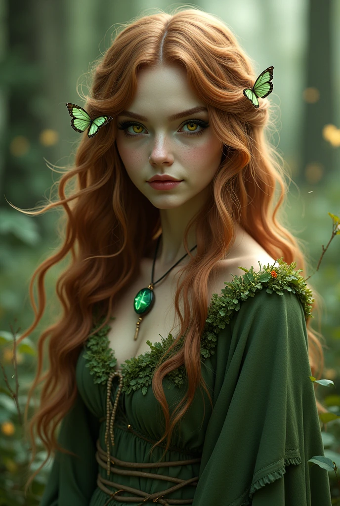 a beautiful girl with red hair and green eyes, severus snape's daughter 11 years old , black ahir , green eyes, reviving her mother using the philosopher's stone (red quartz), intricate details, masterpiece, photorealistic, 8k, hyperrealistic, cinematic lighting, dramatic mood, fantasy, magical realism, vibrant colors, chiaroscuro lighting, volumetric lighting, glowing energy, ethereal, mystical, emotional expression, detailed facial features, flowing dress, natural environment, lush greenery, mystical elements, magical energy, radiant skin, piercing eyes, delicate features