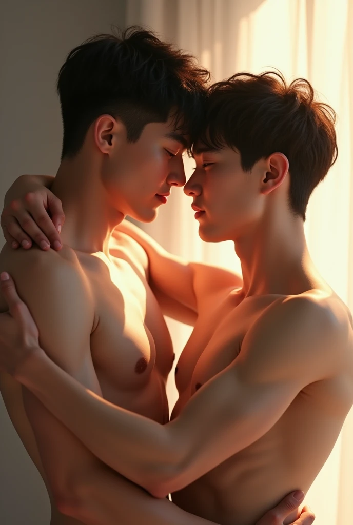 Realistic photo of a 24 year old Korean boy, pale face, beautiful  face, Muscular and strong body, dark brown hair with straight bangs, Unclothed, corpo Kale, Kale , next to him a naked Korean man, sex, BDSM, white background , making sexy gestures, fully body, posing for photo shoot, doing sexy poses, biting the lips 