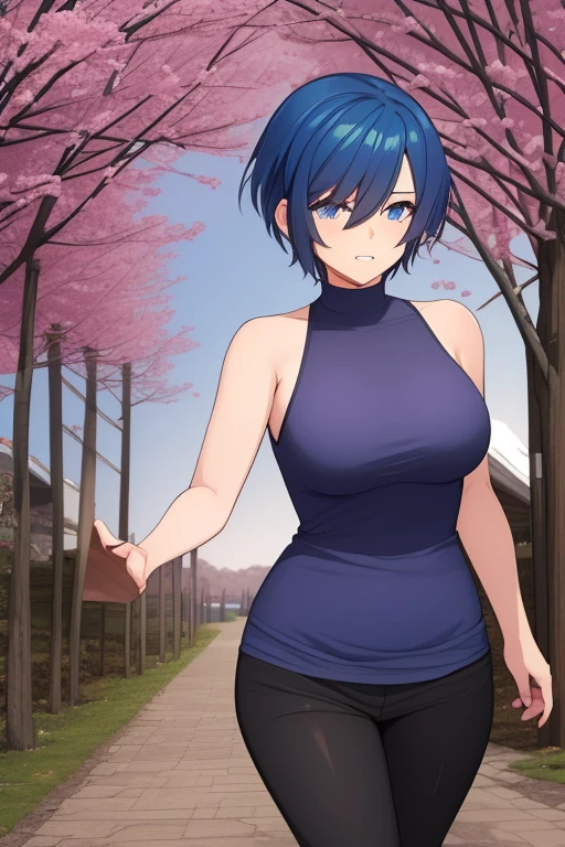 A big-breasted, short-haired, blue-haired, pink-eyed girl is running through a freezing cold orchard while crying.