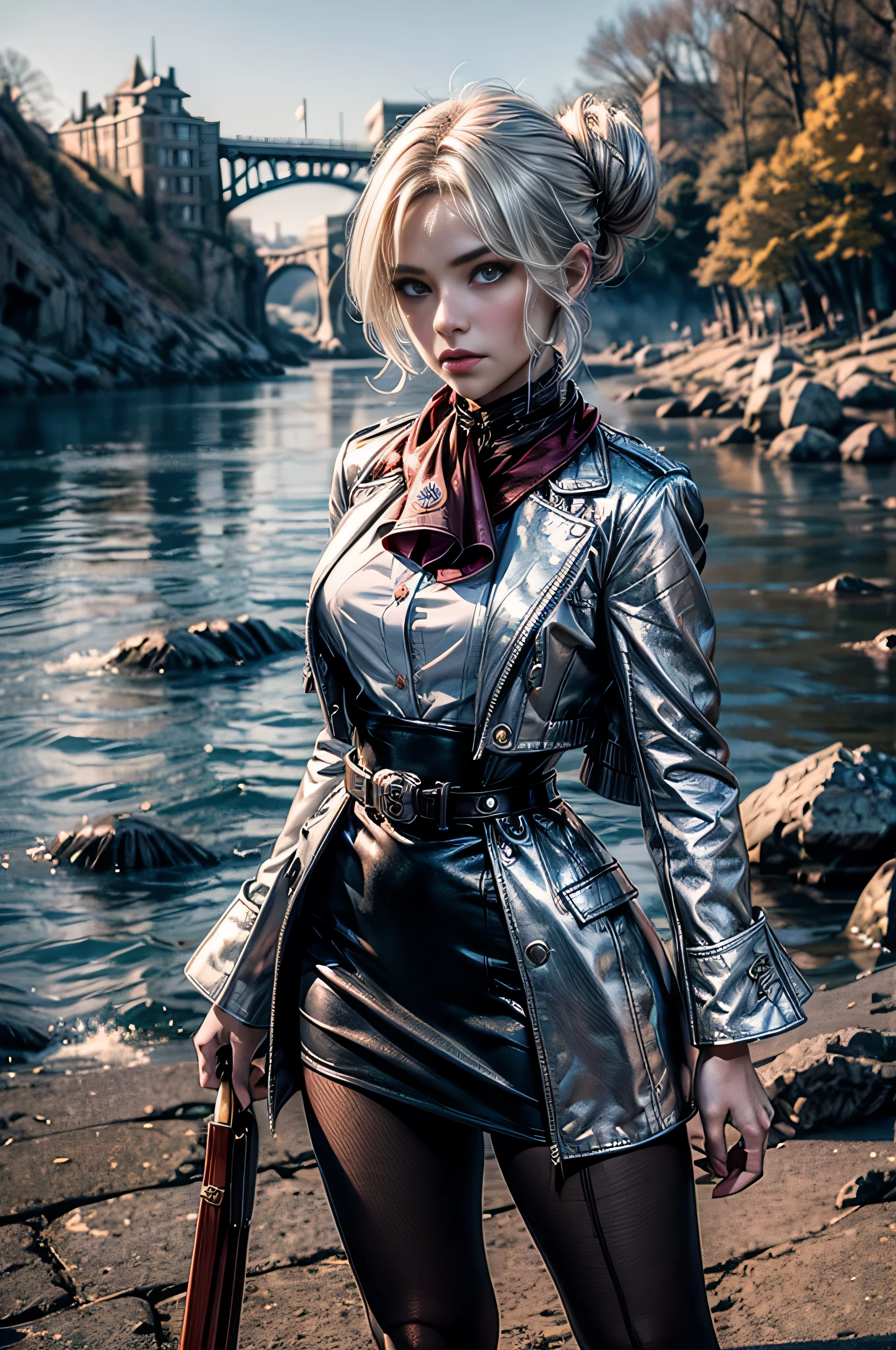 masterpiece,best quality, masterpiece, high detail,detailed face,detailed eyes,rendered eyes,perfect eyes,hip lines,crisp image,detailed,amazing,8k,8k wallpaper,8k background,high detailed skin,high res, (((cowboy shot))), solo, 1girl,looking at viewer,WillowSchnee, white hair tied up in a bun, low on the right side of the back of her head, while her bangs are shaped around the left side of her face and a small, curled lock of hair reaching almost to her shoulders. Her attire consists of a white cravat secured by a silver brooch set with a red stone, as well as a light purple jacket with light sleeves, a wide belt around her waist, a matching pencil skirt with black tights and slippers. serious expression, night, stars, (broken suspension bridge, near old steam train), post-apocalypse, dystopian future, crowd, (crowd in military uniforms), bonfires