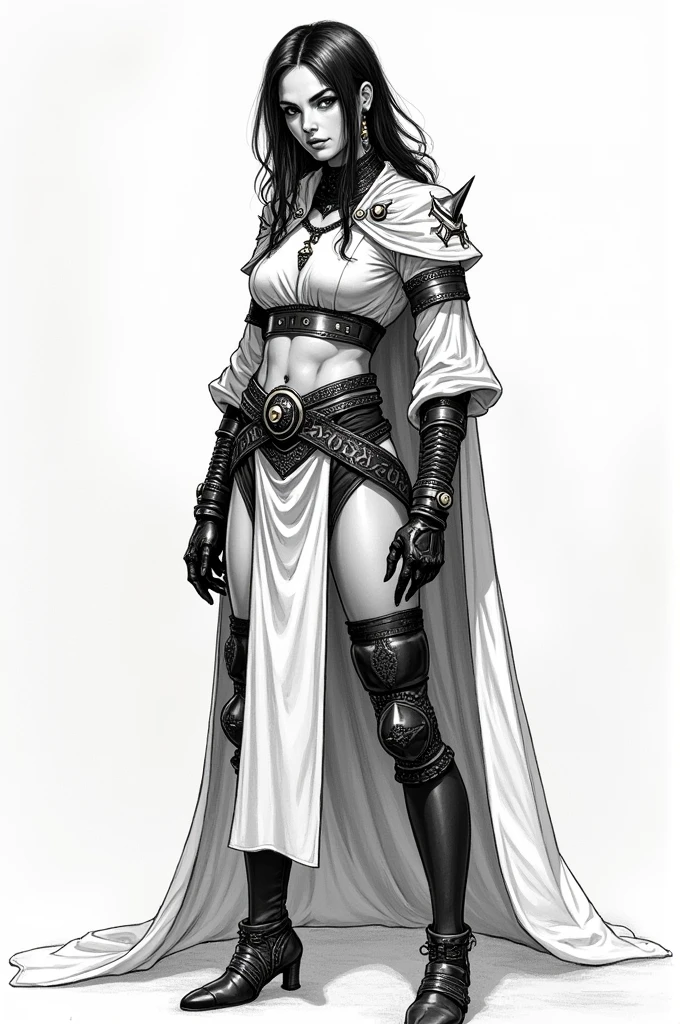 Indigenous woman, red skin ton, Tupi guarani Goddess,Super Heroine, long sleeve black outfit with white details,white hood, pupilless eyes, black makeup around the eyes, black belt, black skirt white details,long black pants,black boot, reference sheet,detailed, full body character, T pose, white background --seed493390834