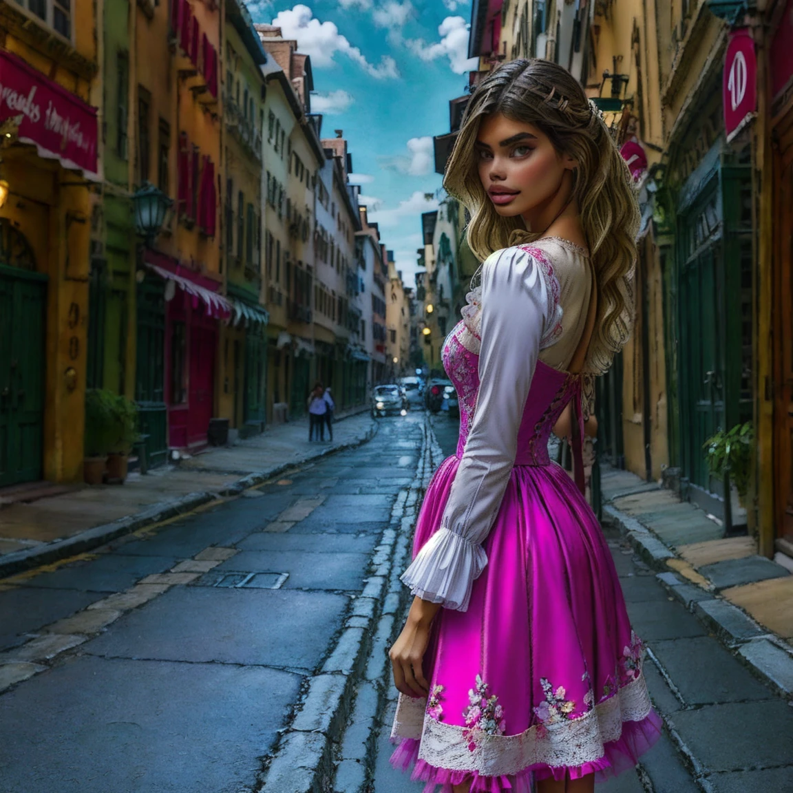 slmn, sara sampaio,1girl, skinny,  petite, blonde, masterpiece,best quality,highres,ultra-detailed,aadarjeeling,braid,bangs,medieval,long sleeves, rapunzel dress is a red-colored gown with puffed sleeves and a corset-style bodice. The bodice is typically decorated with intricate lace or floral embroidery. The skirt flows out from the waist, made of layers of soft, pastel-colored fabric, such as chiffon or tulle.old village,standing,:smile, from side