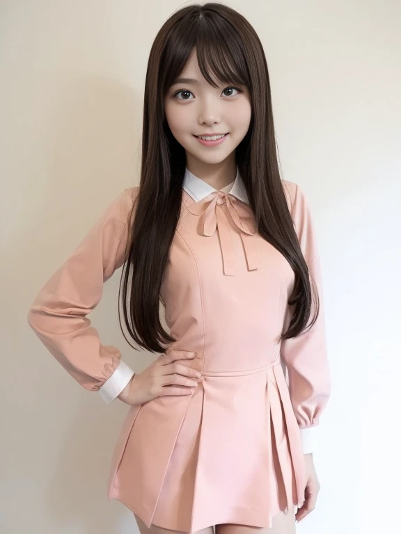 (masterpiece, best quality:1.2), photo of over the knees, a Japanese pretty girl, solo, hinataCostume, smile, flat chest:1.2, small breast:1.2, standing pose, horizontal angle, 