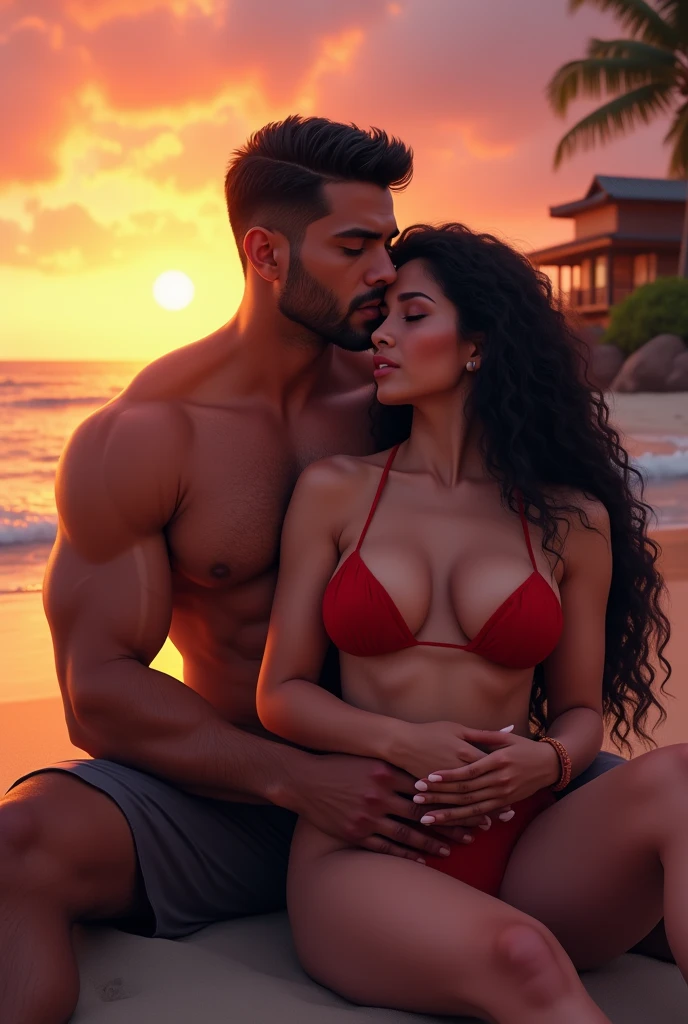 Hot indian brown mom in bikini with big breasts with a teen boy in black and the boy wearing beach pants.