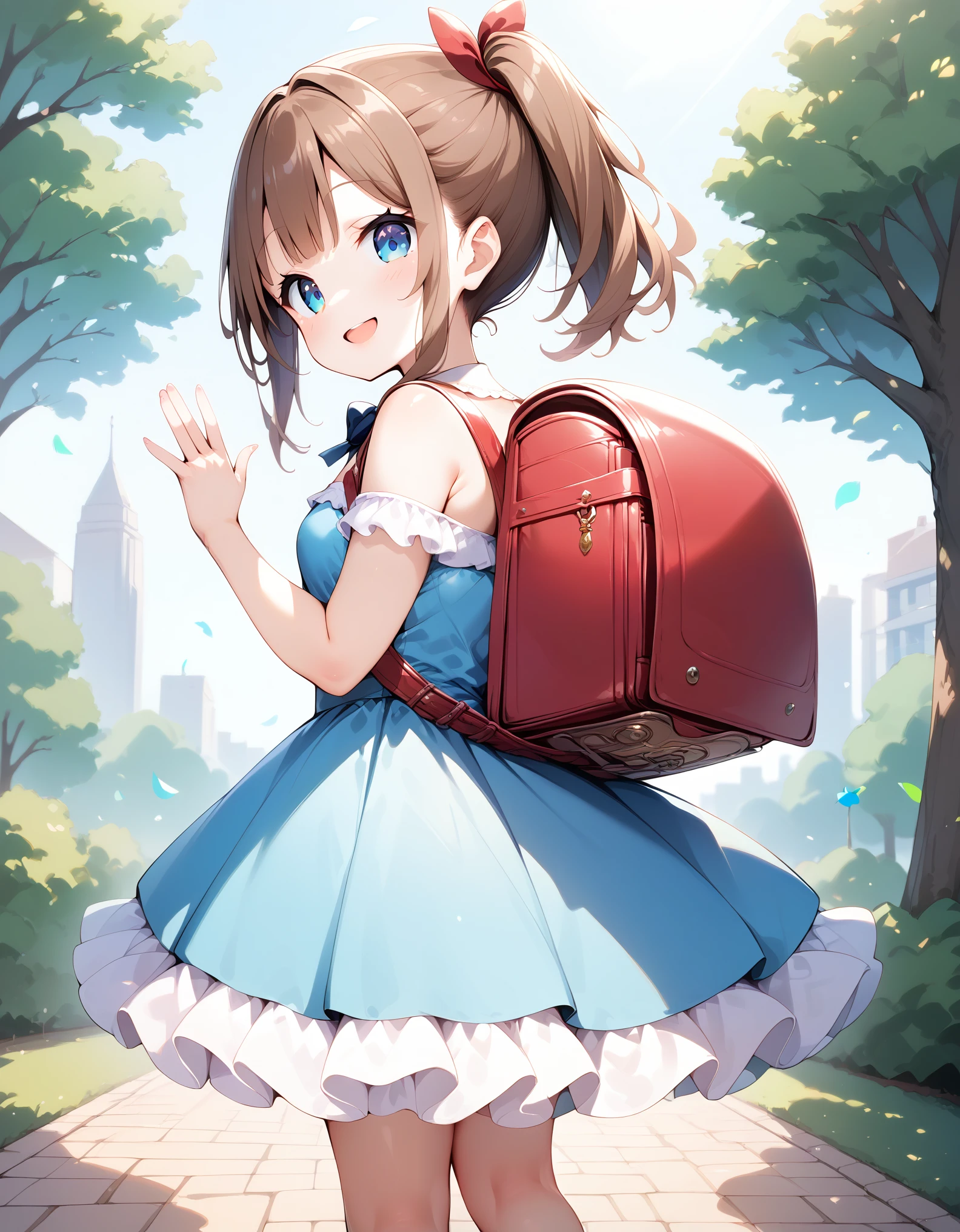 Masterpiece, hd, 1girl, cute girl,  brown hair, smile, ponytail, hair ribbon, wearing cute dress, frilled dress,party dress, costume, colorful dress, bare shoulder, bowtie, standing, outdoor, park, happy, smile, wearing randoseru backpack, red backpack, fullbody, fairy dress, fairy land, have wings, girl with wings, back view, back body, backside, waving hands