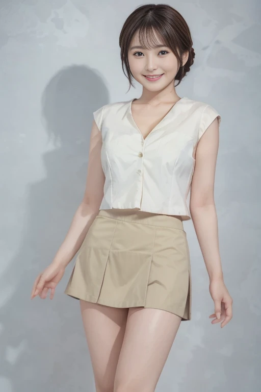 8K、Raw photography、photographed、top-quality、masterpiece、realisitic、Photorealsitic、masterpiece、top-quality、Only 1 person、独奏、Look at viewers、a smile、short-hair、realisitic、Perfect constriction、(Short dark blue pleated mini skirt)、(low angles)、((Open your legs wide))、(Plain white T-shirt)、(Sit shallowly and open your crotch)、((The skirt is flipped up and the crotch is visible))、((You can see the panties in the skirt))、