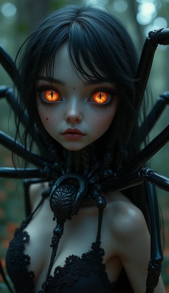 A half human, half spider girl, beautiful detailed eyes, detailed 6 legs, extremely detailed spider, long legs , cinematic lighting, mystical, dark fantasy, moody, dramatic, gothic, chiaroscuro lighting, dramatic shadows, muted color palette, hyper-detailed, photorealistic, concept art, masterpiece