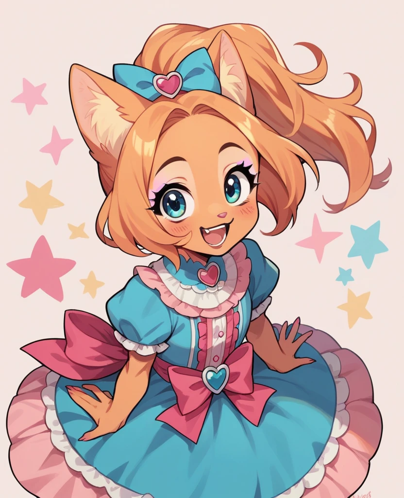 little fox, kid girlfox, blonde hair, ginger fur, blue eyes, cute kid, alone, face similar to Diane Foxington, kid, tied hair, pink idol dress, pink makeup, open mounth, happy, alone