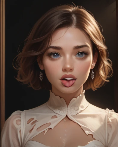 a woman leaned over, tongue out, slightly torn clothes, detailed facial features, beautiful eyes, beautiful lips, detailed portrait, oil painting, intricate details, dynamic pose, dramatic lighting, cinematic atmosphere, rich color palette, warm tones, photorealistic, 8k, highly detailed, masterpiece