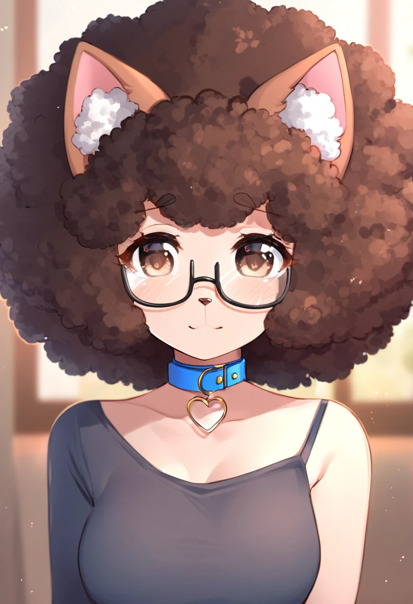 1girl, short curly afro brown hair, brown eyes, kitty ears, blue collar, glasses