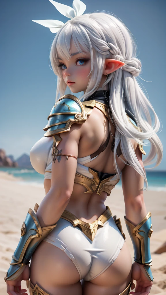 Ariel, upper body portrait, elf, white hair, beautiful, cute skimpy fantasy armor, warrior, midriff, fit, white hair, cowboy shot, rear view looking back, desert background, realistic fantasy ,concept art, grabb ass