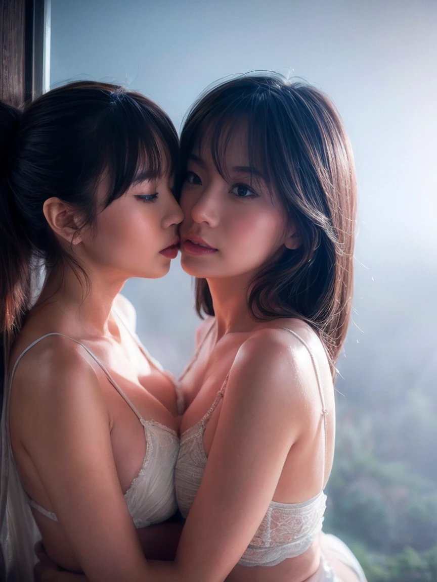 (8K, highest quality, cinematic lighting), two Japanese women embracing in the middle of a foggy landscape, their faces close as they prepare to share a passionate kiss. The thick fog adds an otherworldly feeling, with their bodies barely visible in the mist. Their expressions are filled with love, but the hazy atmosphere creates an underlying sense of disorientation and mystery.
