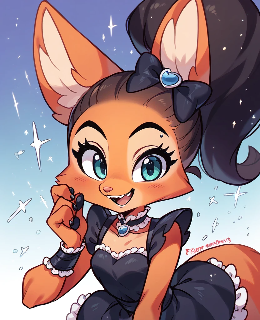 little fox, kid girlfox, black hair, ginger fur, blue eyes, cute kid, alone, face similar to Diane Foxington, kid, tied hair, black idol dress, black makeup, open mounth, happy, alone