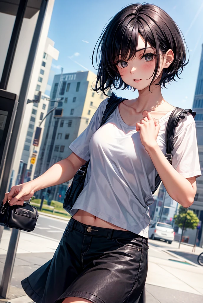 High resolution, Highest quality, super high quality, Very detailed, 8k、Embarrassing、Sweaty、Sweat、Embarrassing、(masterpiece:1.2, Highest quality), (Realistic, photoRealistic:1.4), Beautiful illustrations, (Natural Side Lighting, Cinema Lighting), View your viewers, whole body, 1 girl, Japanese, high school girl, Perfect Face, Cute and symmetrical face, Glowing Skin, Baby Face, (,Black Hair)black eye, Big eyes, Droopy eyes, (Center of chest, Captivating thighs, Big Ass)