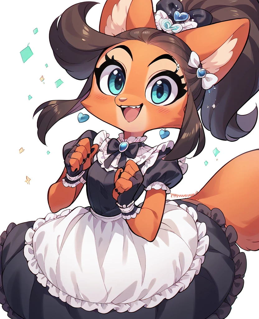 little fox, kid girlfox, black hair, ginger fur, blue eyes, cute kid, alone, face similar to Diane Foxington, kid, tied hair, black idol dress, black makeup, open mounth, happy, alone