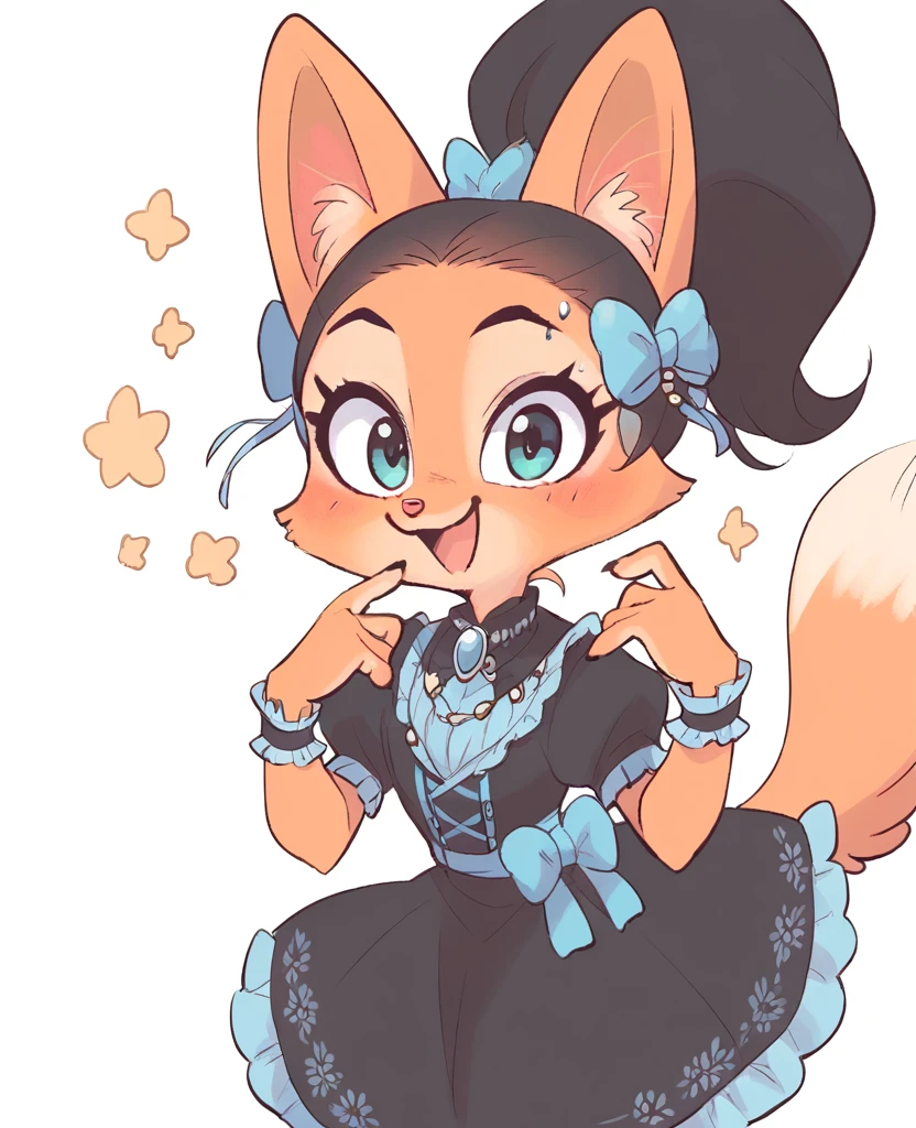 little fox, kid girlfox, black hair, ginger fur, blue eyes, cute kid, alone, face similar to Diane Foxington, kid, tied hair, black idol dress, black makeup, open mounth, happy, alone