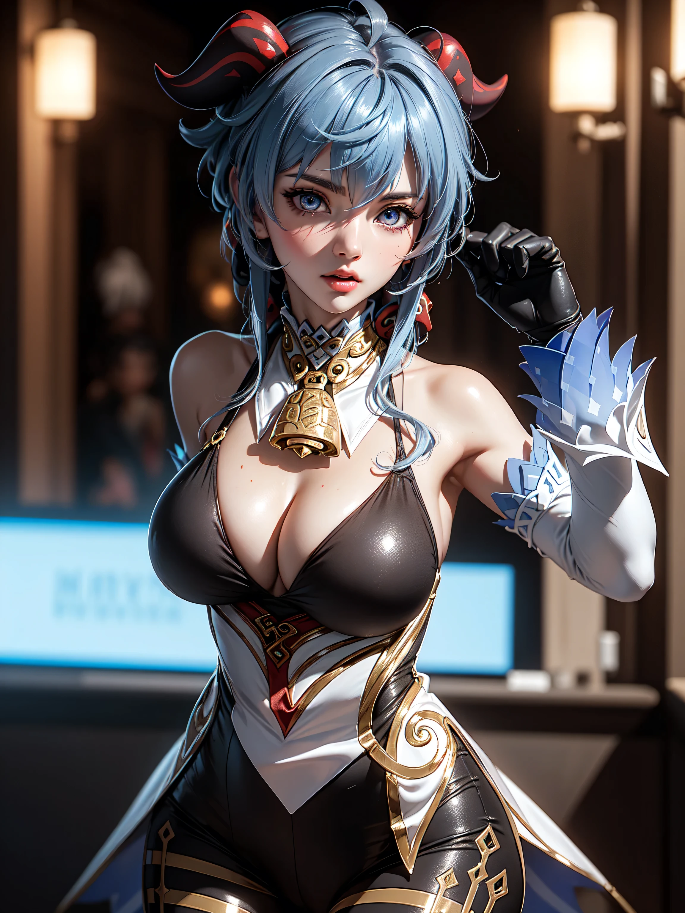 Solo, ((masterpiece)),(best quality),((ultra detailed)), (( blurry night background)), (dynamic angle),((beautiful detailed eyes), ((dynamic pose)), pretty face, ((sexy, cleavage)),((ganyudef))